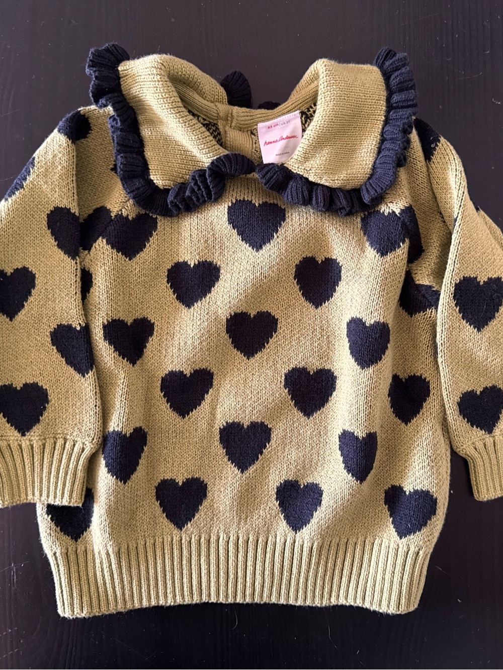 Hanna Andersson Olive Sweater with Black Heart Print & Ruffle Collar
